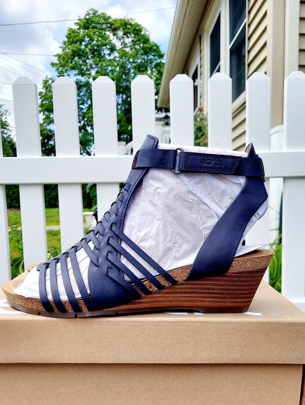 Earth Hattie3 Navy Blue Woven Strappy Wedge Sandals Women's Size 11M Cottagecore - Picture 9 of 11